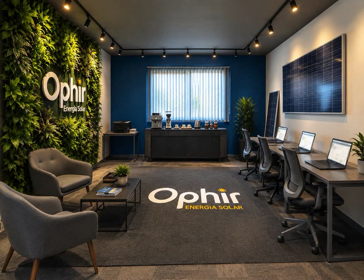 Espaço de atendimento da Ophir: parede verde com o logotipo, poltronas, mesas de atendimento e módulos solares expostos na parede