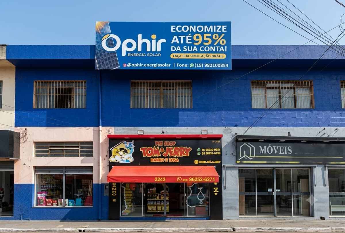 Fachada da loja da Ophir Energia Solar: prédio azul com o letreiro da marca, na Avenida Líder